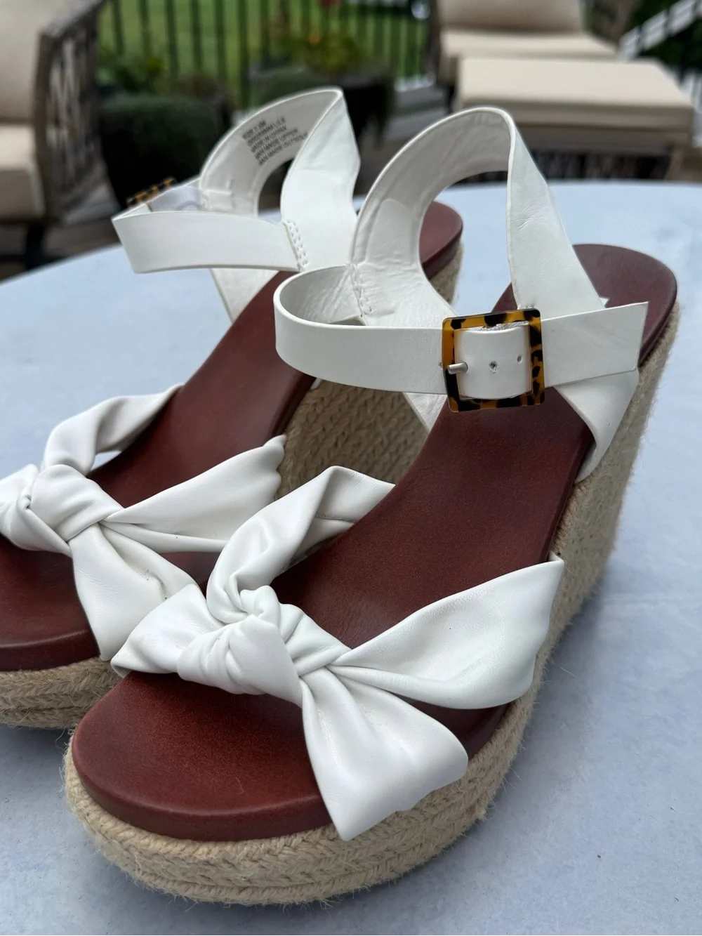 MIA White Knot-Front Espadrille Wedge Sandals with Tortoiseshell Buckle